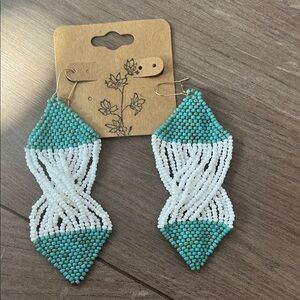 Handcrafted Beaded Earrings in Turquoise and White